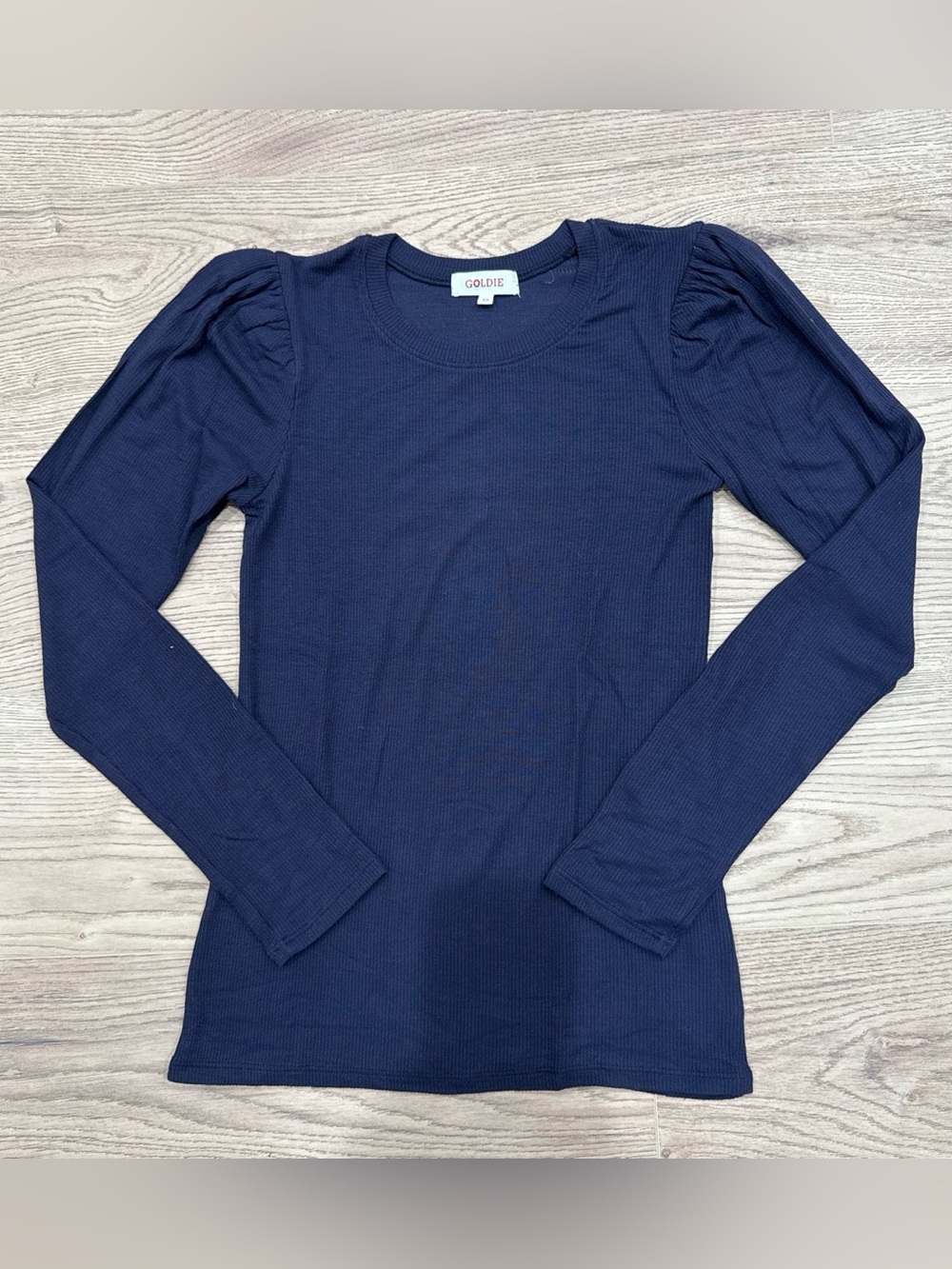 ‘Goldie’ Blue Ribbed Long Sleeve Tee with Puff Shoulders